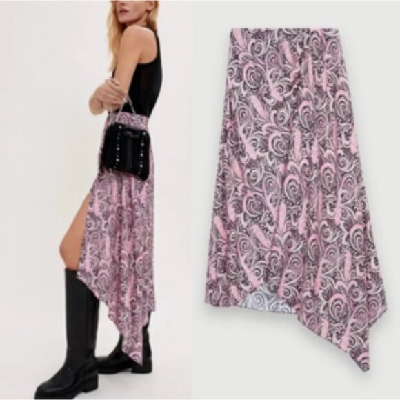 NWT MAJE Apollo Asymmetric Paisley Swirl Midi Skirt Paisley Rose Size 40EU/8US - Picture 2 of 6